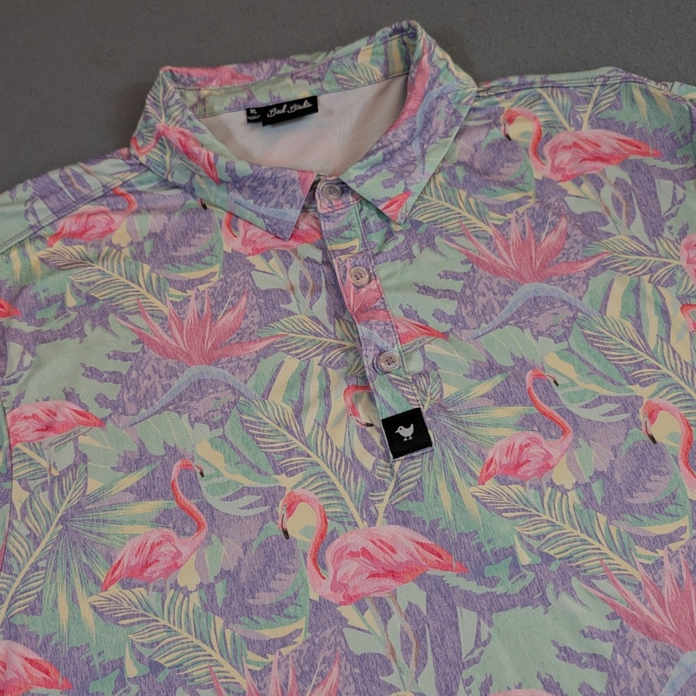 Bad Birdie Mens‎ Golf Polo Shirt Size XL Flamingo Tropical Floral Stretch
